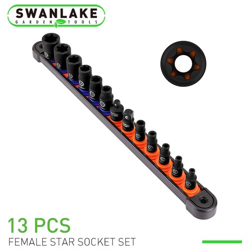 qK。 New 13pc Female E Torx Torque Star Socket Bit Set on Snap in