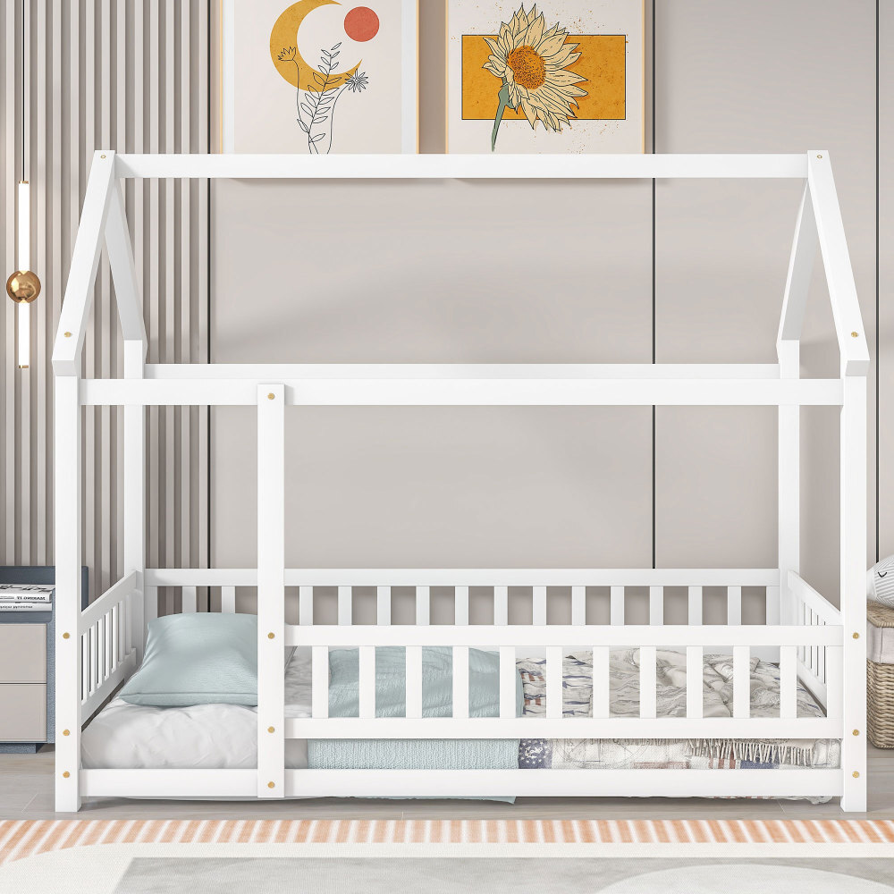 Twin Size Wooden Floor House Bed W/ Guardrails For Kids