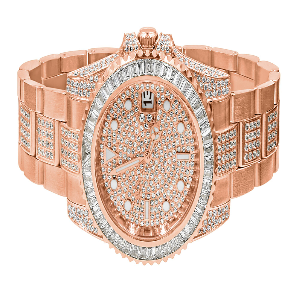 Pre-owned Bling Master 18k Solid Steel Rose Gold 2 Tone Baguette Simulated Diamond W/date 40mm Watch