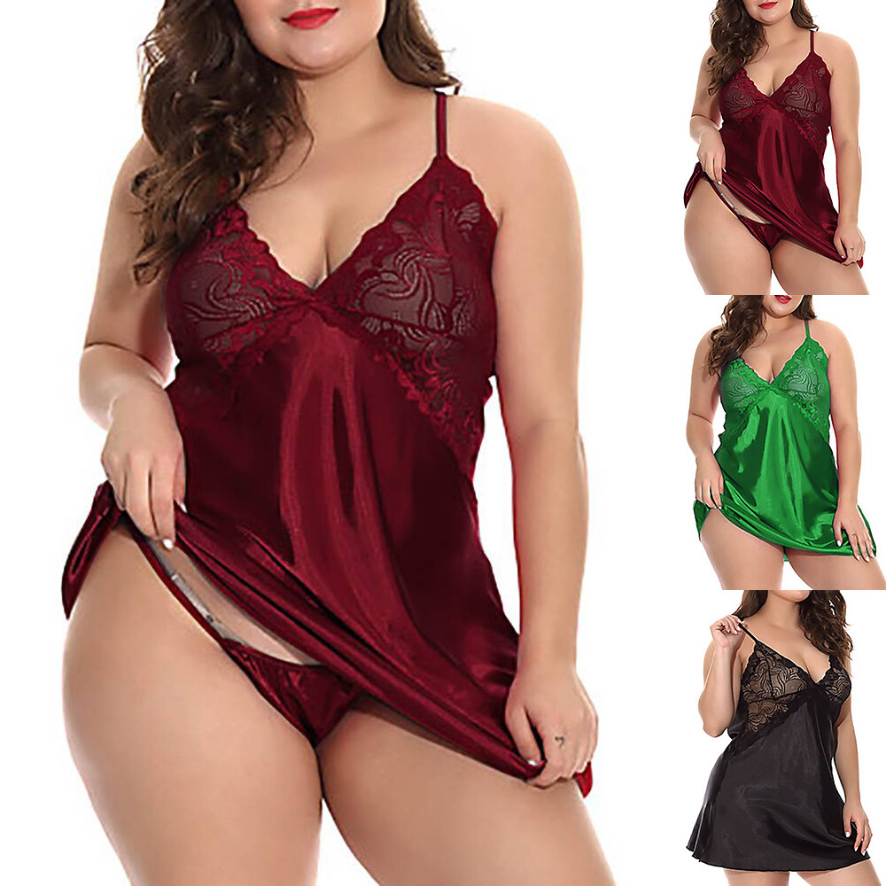 Plus Size Sexy Lady Satin Silk Lace Sheer Sleepwear Babydoll