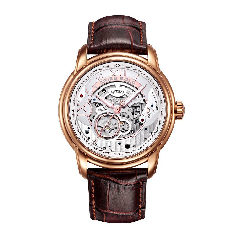 Pre-owned Aries Gold El Toro 9005a Rg-s Rose Gold Men Watch 43mm Auto Leather Strap