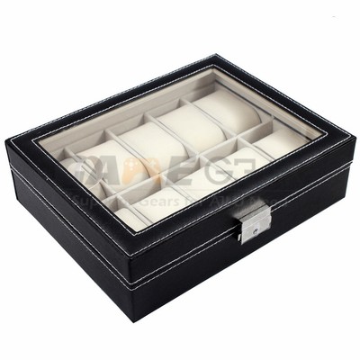 10 Slot Watch Box Leather Display Case Organizer Top Glass Jewelry Storage Black