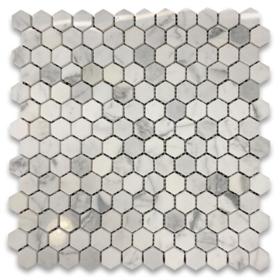 L31XP 1'' Hexagon Statuary Statuario White Italian Marble Mosaic Tile Polish