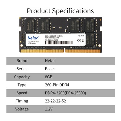 Netac 8GB DDR4 3200 PC4-25600 Laptop 260-Pin SODIMM Notebook Memory RAM 1x 8G