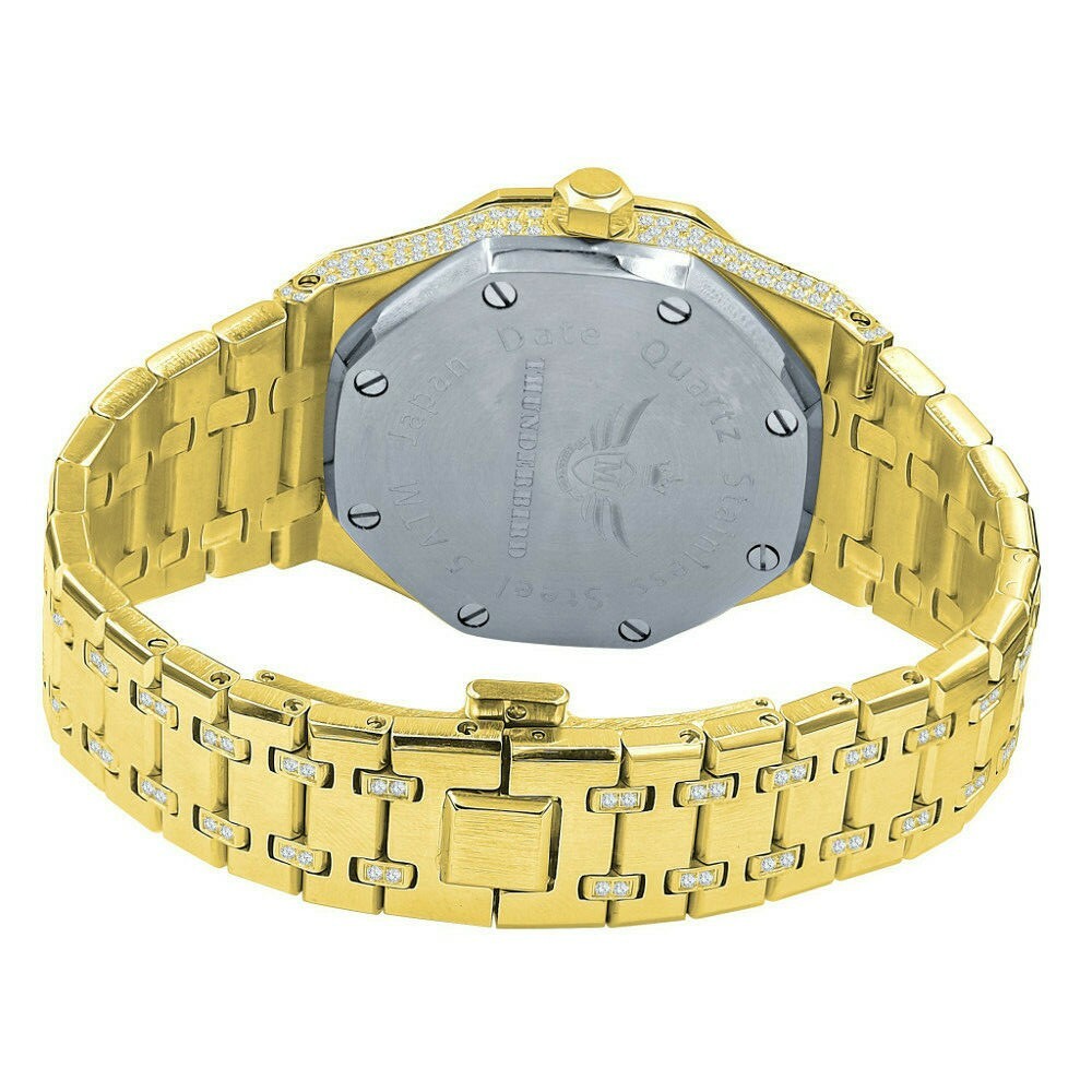 Pre-owned Bling Master Men's Full Steel Baguette Yellow Gold Tone Finish Simulated Diamond 42 Mm Watch