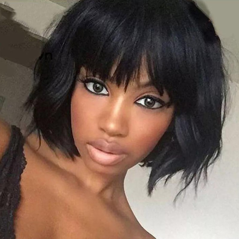 Details About Short Haircut Full Wig With Bangs Indian Remy Human Hair None Lace Wigs Black Vv