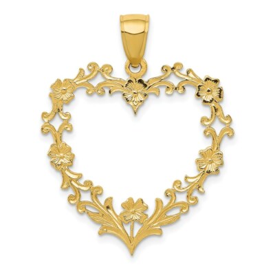 Pre-owned Superdealsforeverything Real 14kt Yellow Gold Polished Floral Border Heart Pendant