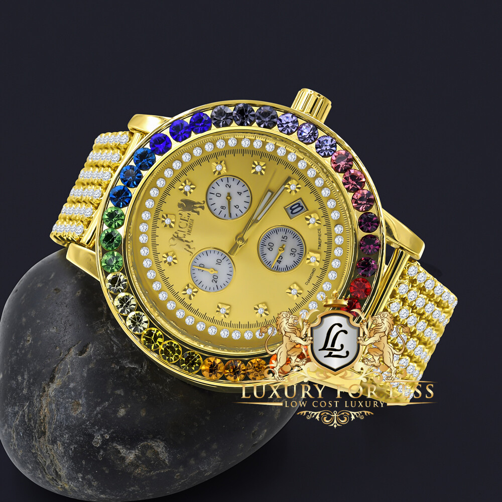 Pre-owned Ice House Men's Exclusive Custom Watch Xl Rainbow Multi Gold Tone Real Diamond Dial W/date