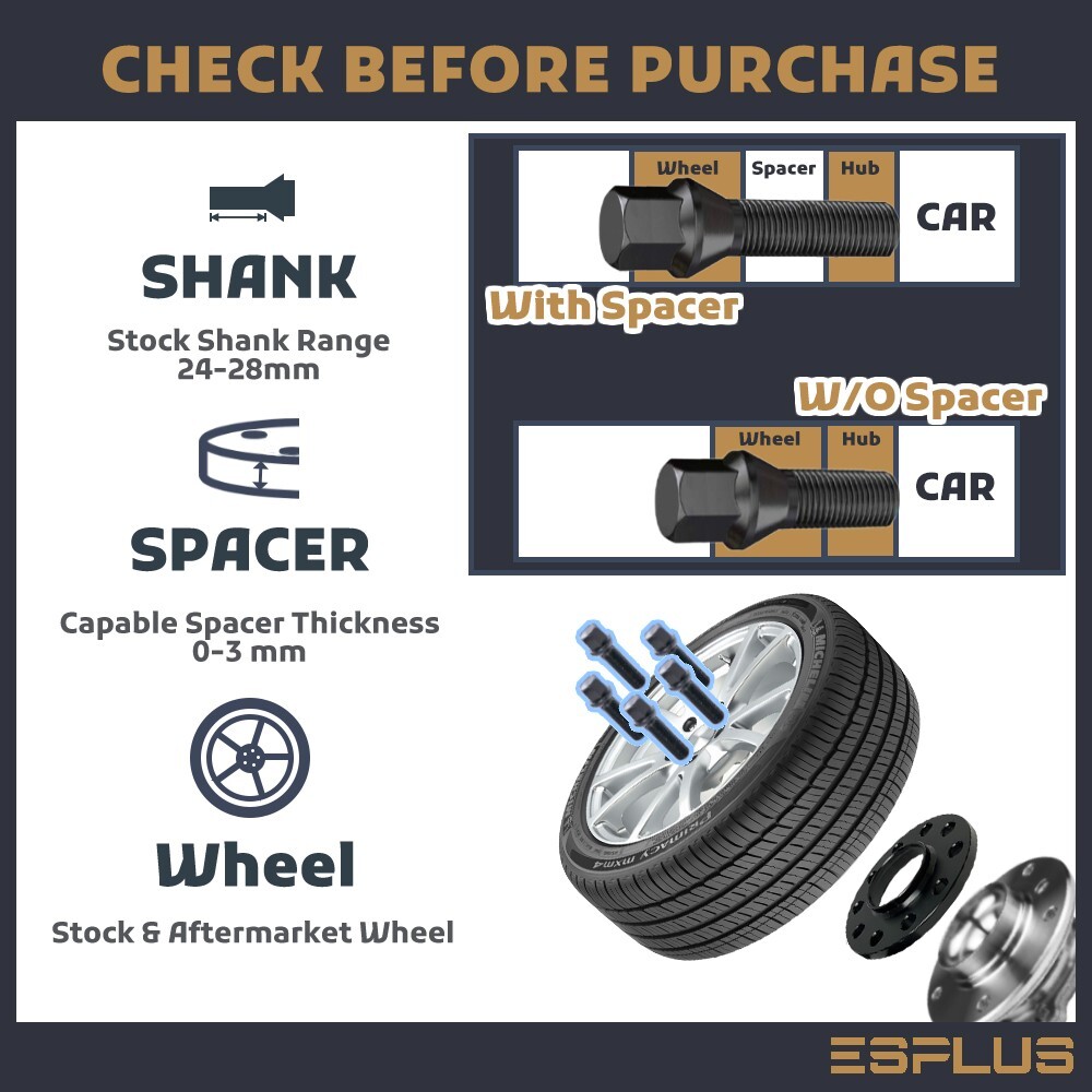 [20] Black BMW & MINI 14X1.25 Cone Seat Wheel Lug Bolts 28mm Shank Universal Fit