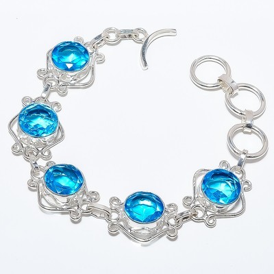 Blue Topaz Gemstone 925 Sterling Silver Ethnic Bracelet 7-7.99'' TB7536-93