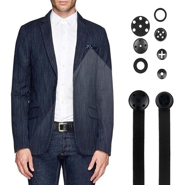 Man modeling blazer with interchangeable buttons.