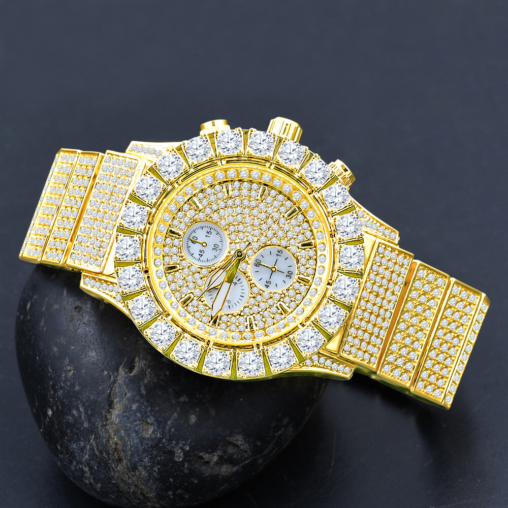 Pre-owned Blingmaster Men's Yellow Gold Tone Jojino Joe Rodeo Simulated Diamond 10 Row Band 48mm Watch