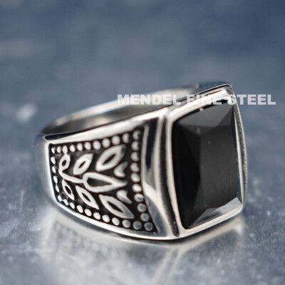 MENDEL Mens Gold Plated Stainless Steel Black Obsidian Stone Ring Men Size 7-15