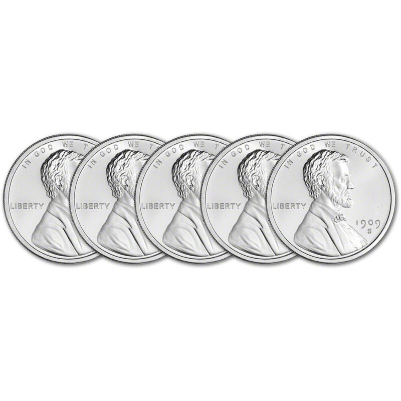 Five (5) 1 Oz. Golden State Mint Silver Round Lincoln Cent Design .999 Fine