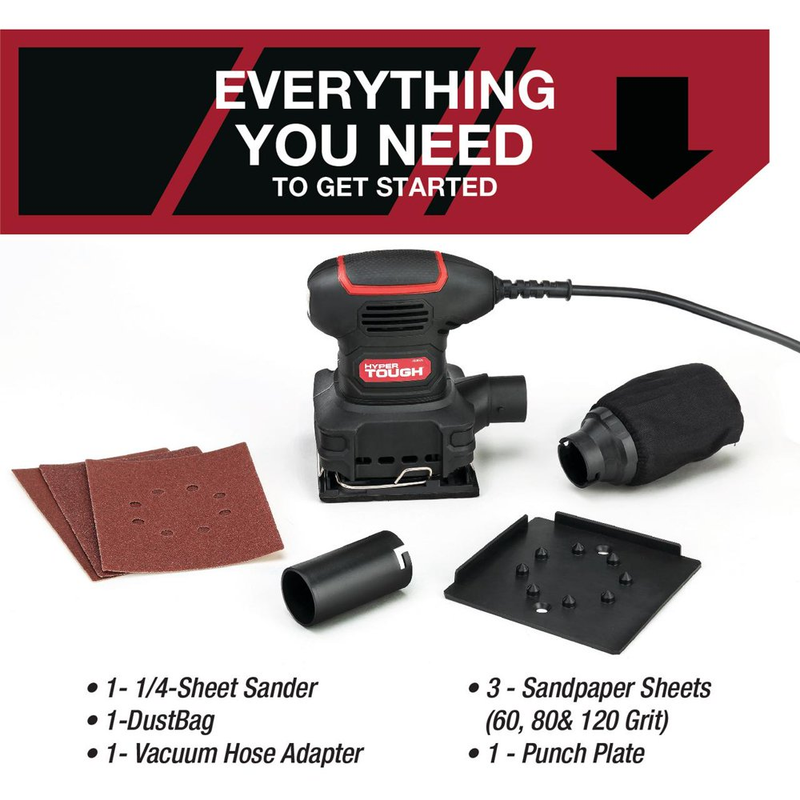 2 Amp Corded 1/4 Sheet Palm Sander with Dust Bag Vacuum Hose Adapter