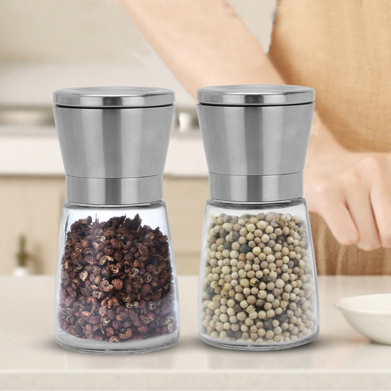 2x Gewürzmühle Pfeffermühle Salzmühle Set; Glas & Edelstahl mit Keramikmahlwerk