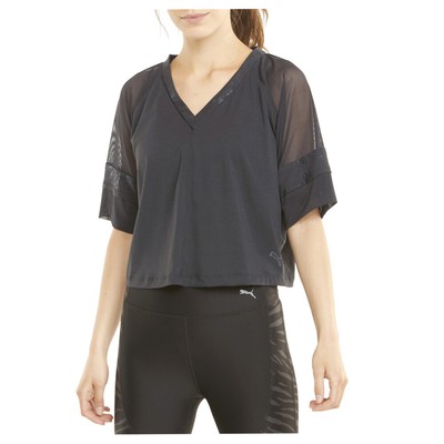 Женская черная футболка с коротким рукавом Puma Fashion Luxe Raglan Training с V-образным вырезом Casua