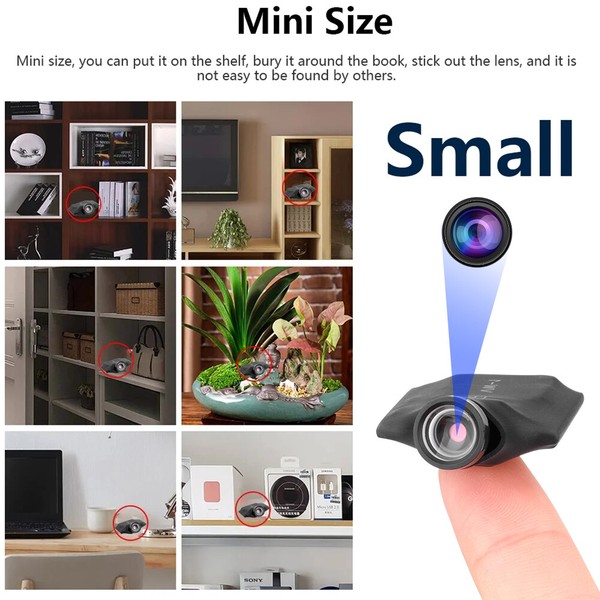 Compact mini spy camera hidden in various everyday settings.