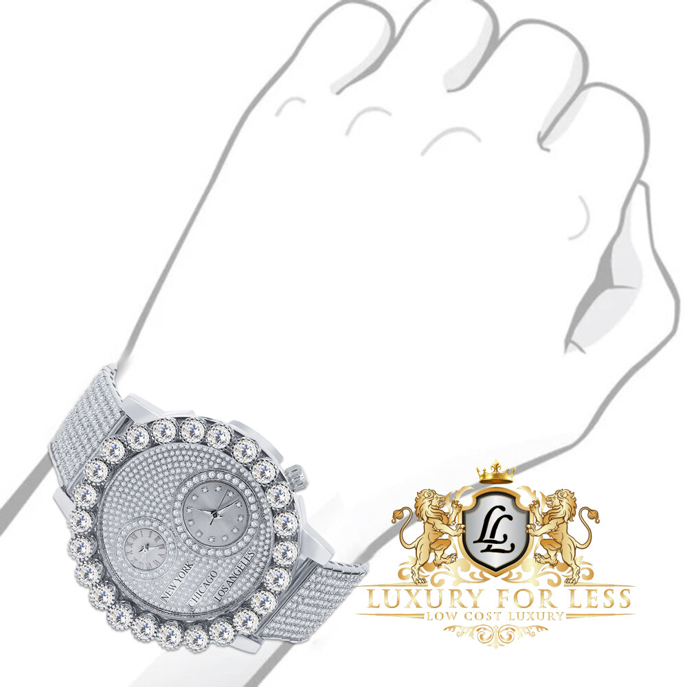 Pre-owned Ice Master Men's White Gold Tone Prong Set Real Diamond Dial 2 Time Zone Chronograph Watch