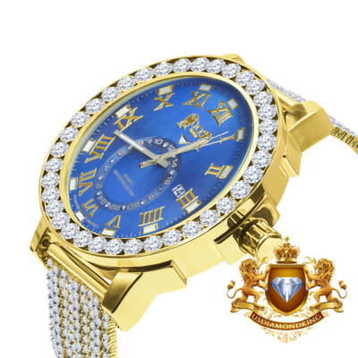 Pre-owned Ice House Real Diamond Blue Sapphire Dial Roman Face Gold Tone Custom Band Bezel Xl Watch