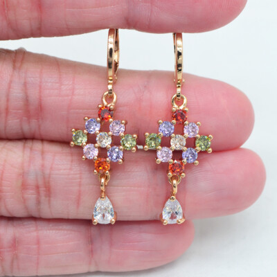 18K Yellow Gold Filled Women Rainbow Mystic Topaz Dangle Earrings Jewelry