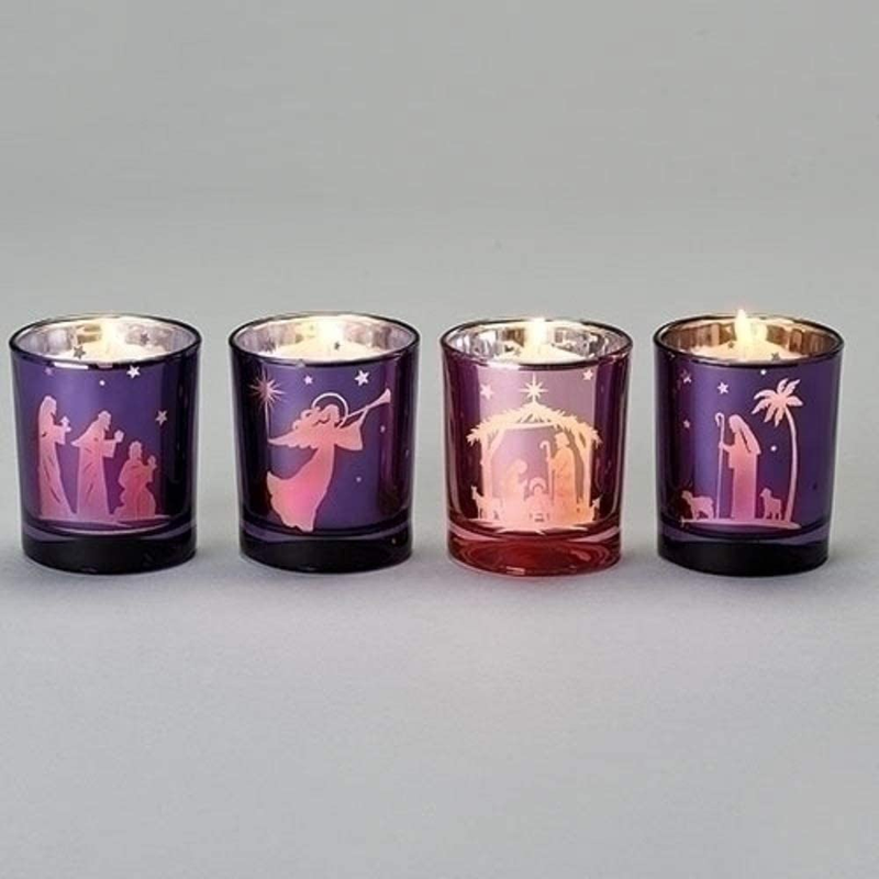 Nativity Scene Purple and Pink Advent Votive Candle Holders, 3 1/4 Inch, 4 Piece