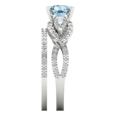 Pre-owned Pucci 2 Round Pear 3 Stone Real Aquamarine Wedding Statement Ring Set 14k White Gold