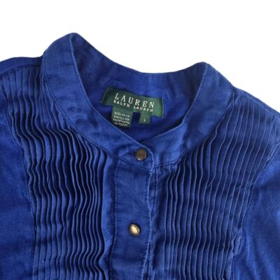 Lauren Ralph Lauren Womens Large Blue Ruffle Long Sleeve Half Button Shirt