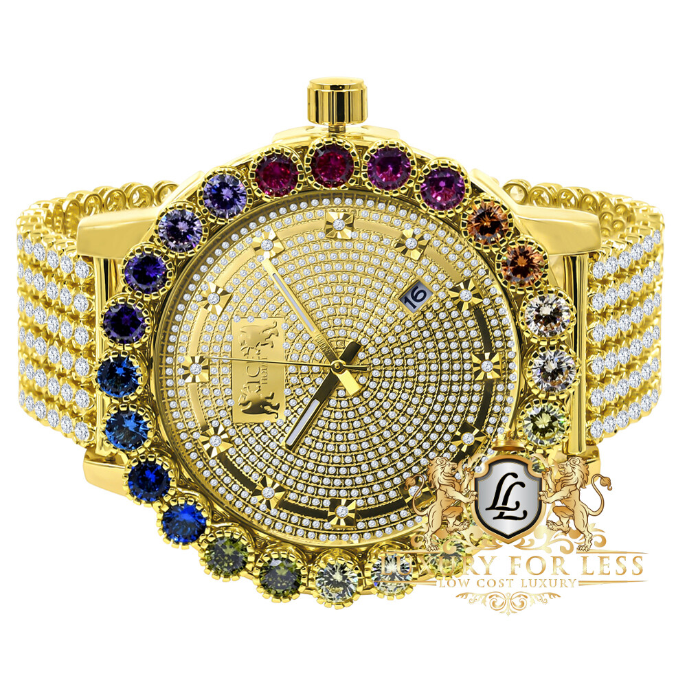 Pre-owned Prong Set Rainbow Multi Gold Tone Real Diamond Dial Men's Custom Watch Big 55mm