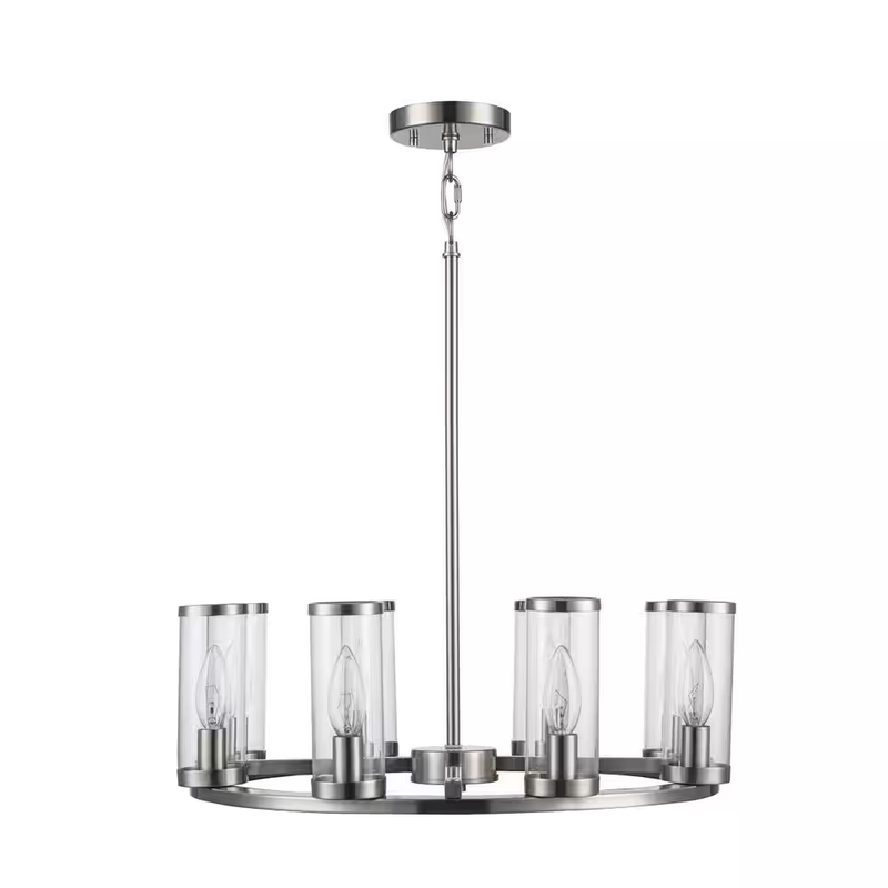 Loveland 8-Light Brushed Nickel Wagon Wheel Chandelier for Dining Room with Clea