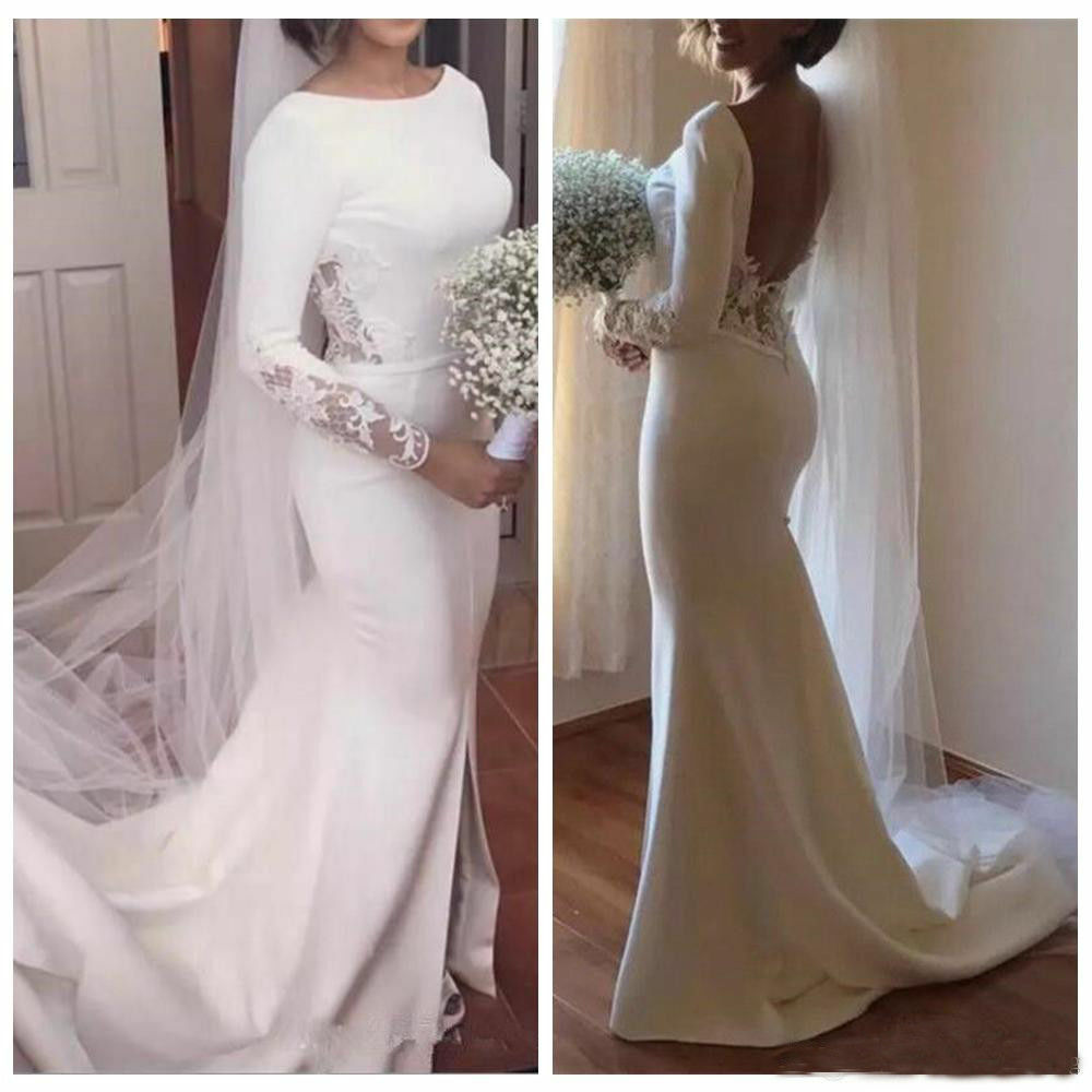 Long Sleeve Satin Mermaid Wedding Dresses Backless Bridal Gowns