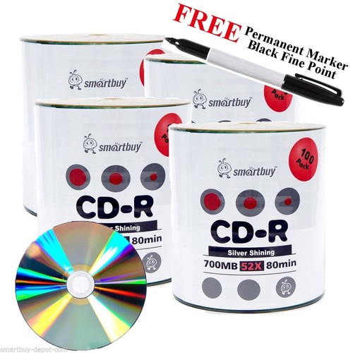 400 52X Smartbuy CD-R 700MB Shiny Silver Top Record Disc +Black Permanent Marker