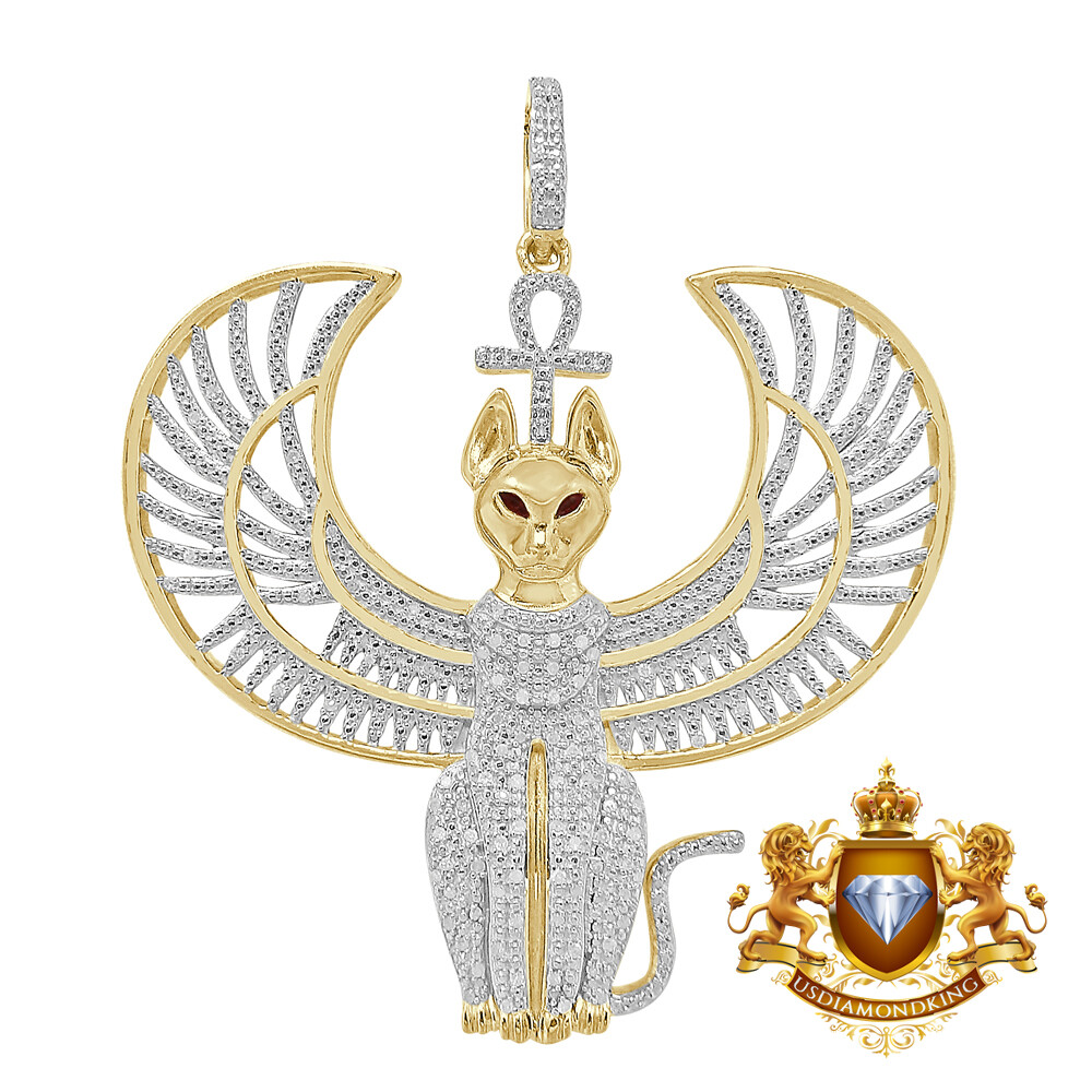Pre-owned Us Diamond King Real Diamond Anubis Egyptian God Ankh Cross Pharaoh 10k Gold Over Charm Pendent