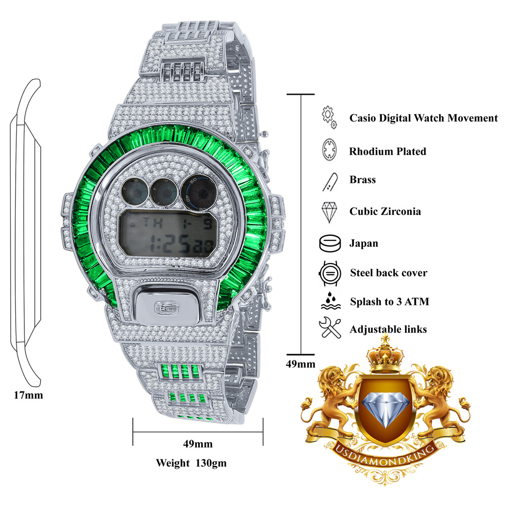 Pre-owned Usdiamondking Baguette Green Emerald White Gold Casio Shock Authentic Dw-6900 Custom Watch