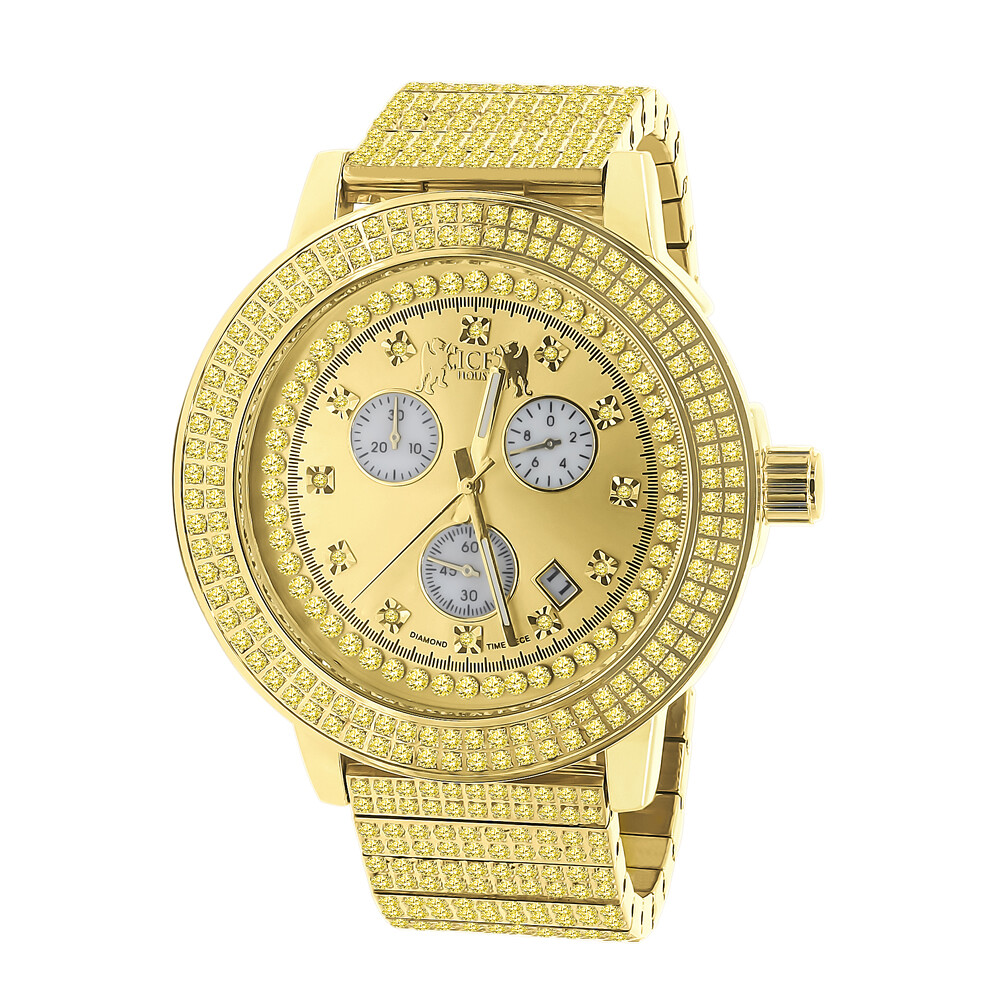 Pre-owned Ice House Real Diamond Dial Full Stainless Steel Canary Gold Tone Men's Watch W/date 54mm