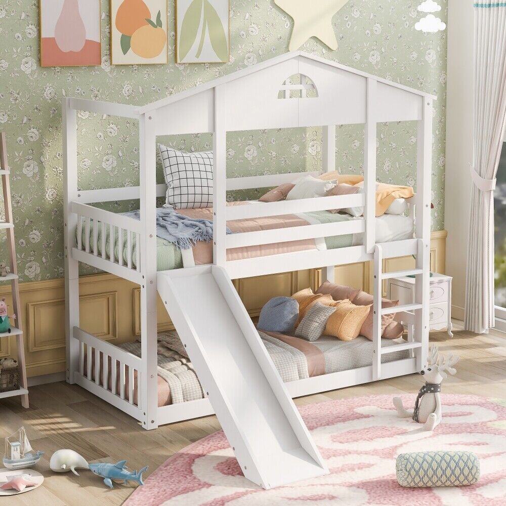 Twin Over Twin House Bunk Bed With Convertible Slide And Ladder
