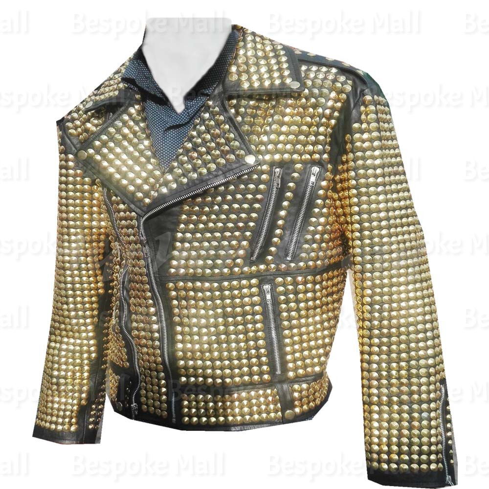 Pre-owned Handmade Mens Black Full Golden Studded Brando Biker Style Cowhide Leather Jacket-123