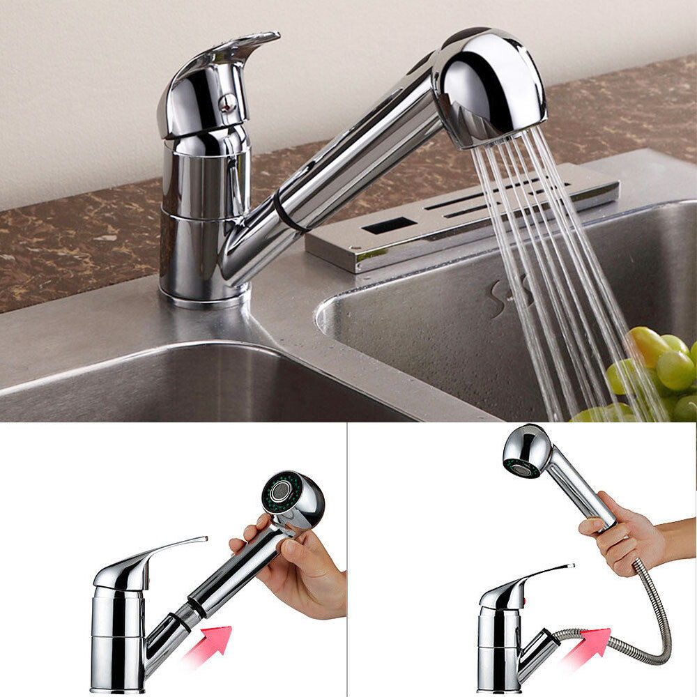 NEW Modern Mono Kitchen Mixer Tap Pull Out Handheld Spray Round Single Lever Chrome in