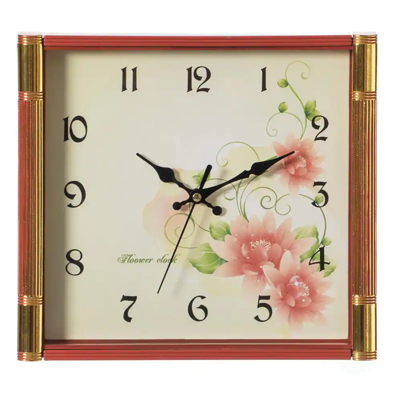Brown Unique Modern Square Shaped Wall Clock with Floral Design for Living Room,