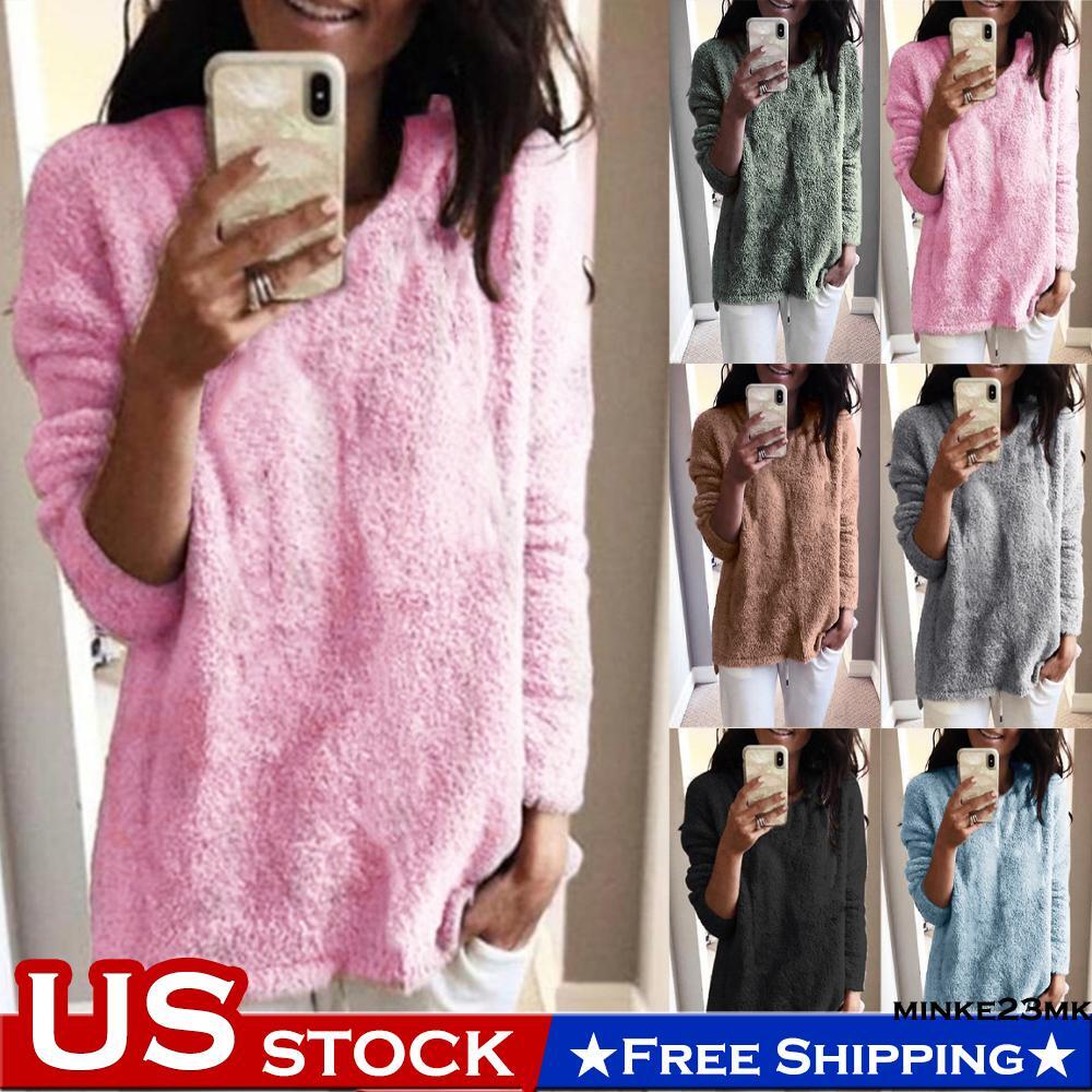 Womens Fleece Teddy Bear Fluffy Winter Warm Jumper Tops Long Sleeve Blouse Shirt