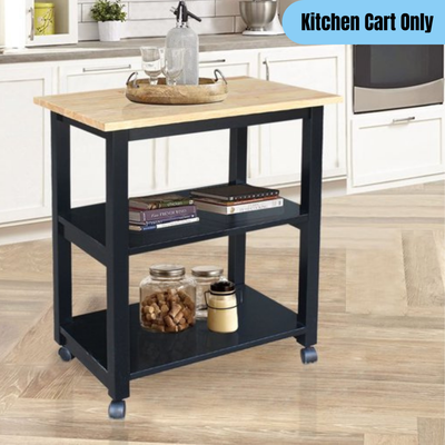 Solid Wood Microwave Cart w/ Shelves Butcher Block Surface Rolling Storage Black