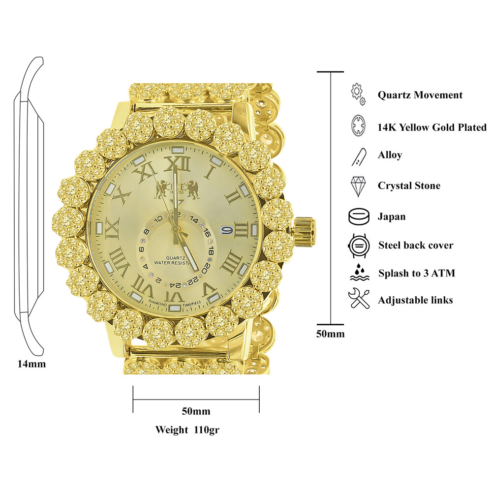 Pre-owned Icy Men's Gold Canary Real Diamonds Roman Dial Flower Band Bezel Gold Tone Watch