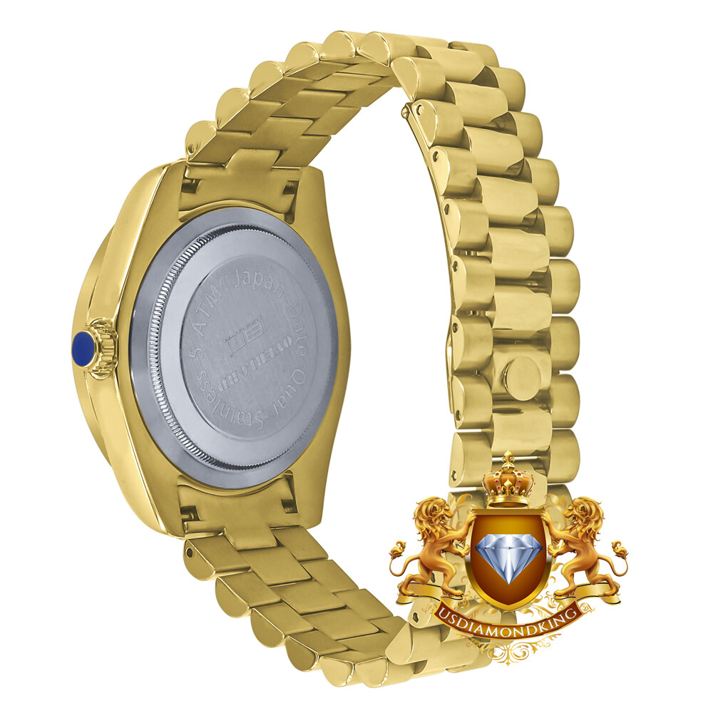 Pre-owned Bling Master 18k Yellow Gold Tone Solid Steel Baguette Simulated Diamond President Watch 40mm