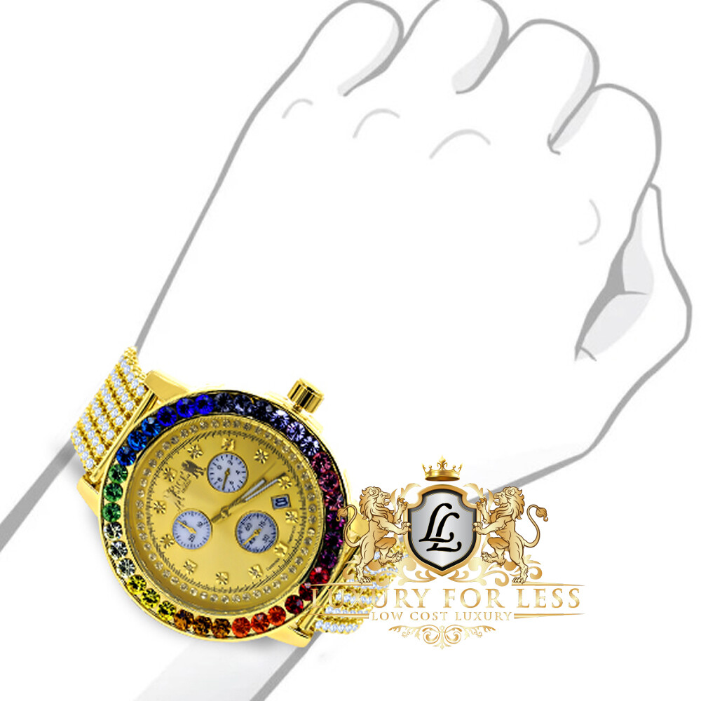 Pre-owned Ice House Men's Exclusive Custom Watch Xl Rainbow Multi Gold Tone Real Diamond Dial W/date