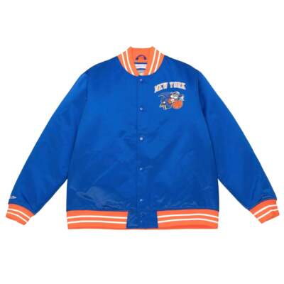 

Mitchell - Ness Тяжелая Атласная Куртка Мужская Синяя Повседневная Спортивная Верхняя Одежда OJB, Синий, Mitchell - Ness Heavyweight Satin Jacket