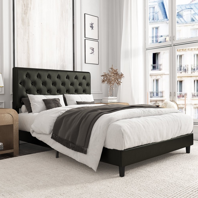 With Button Tufted Diamond Headboard Leather Full