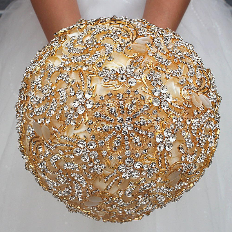 Wedding Bouquet with Golden Luxury Artificial Diamond,Set Including Bouquets, Wrist Flowers,Corsage for Your Wedding with Full Hand-Made (Gold+Ivory)