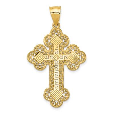 Pre-owned Superdealsforeverything Real 14kt Yellow Gold Budded Greek Key Cross Pendant