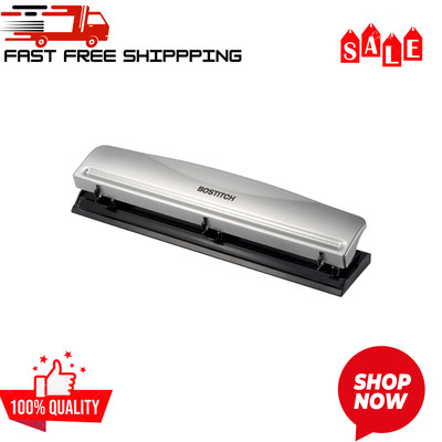Bostitch Office Premium 3 Hole Punch, 12 Sheet Capacity, Metal, Rubber Base, Eas