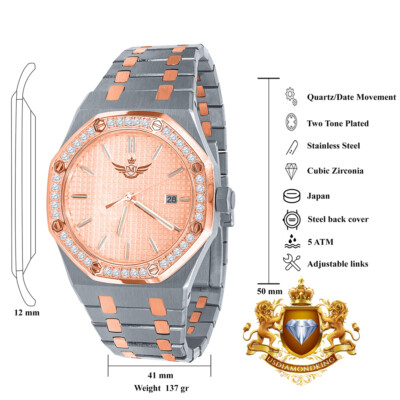 Pre-owned Usdiamondking Solid Steel 2 Tone Rose Gold Finish Simulated Diamond Ap Style Watch 42mm W/date